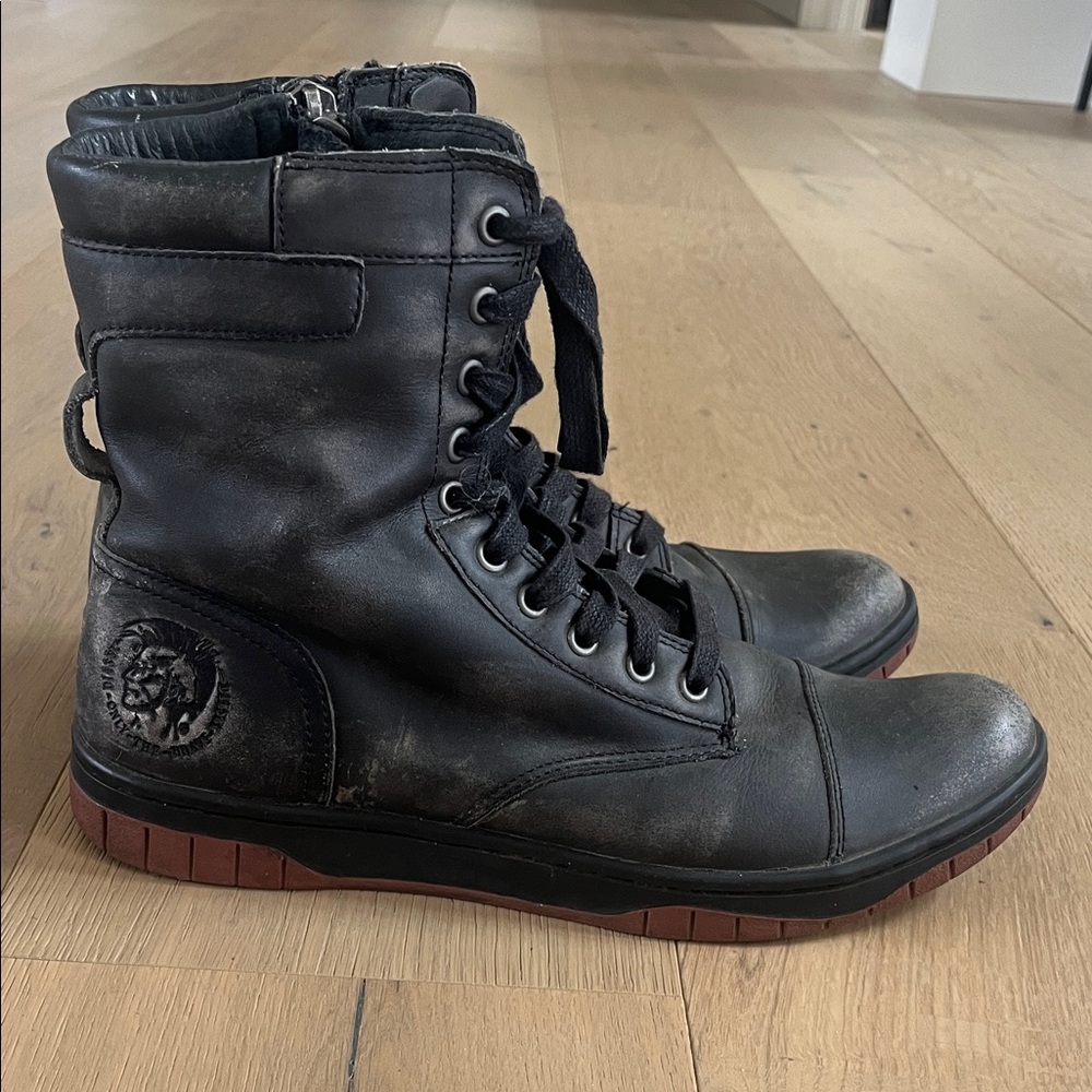 Diesel Black Leather Lace-Up Combat Boots with Brown Outsole